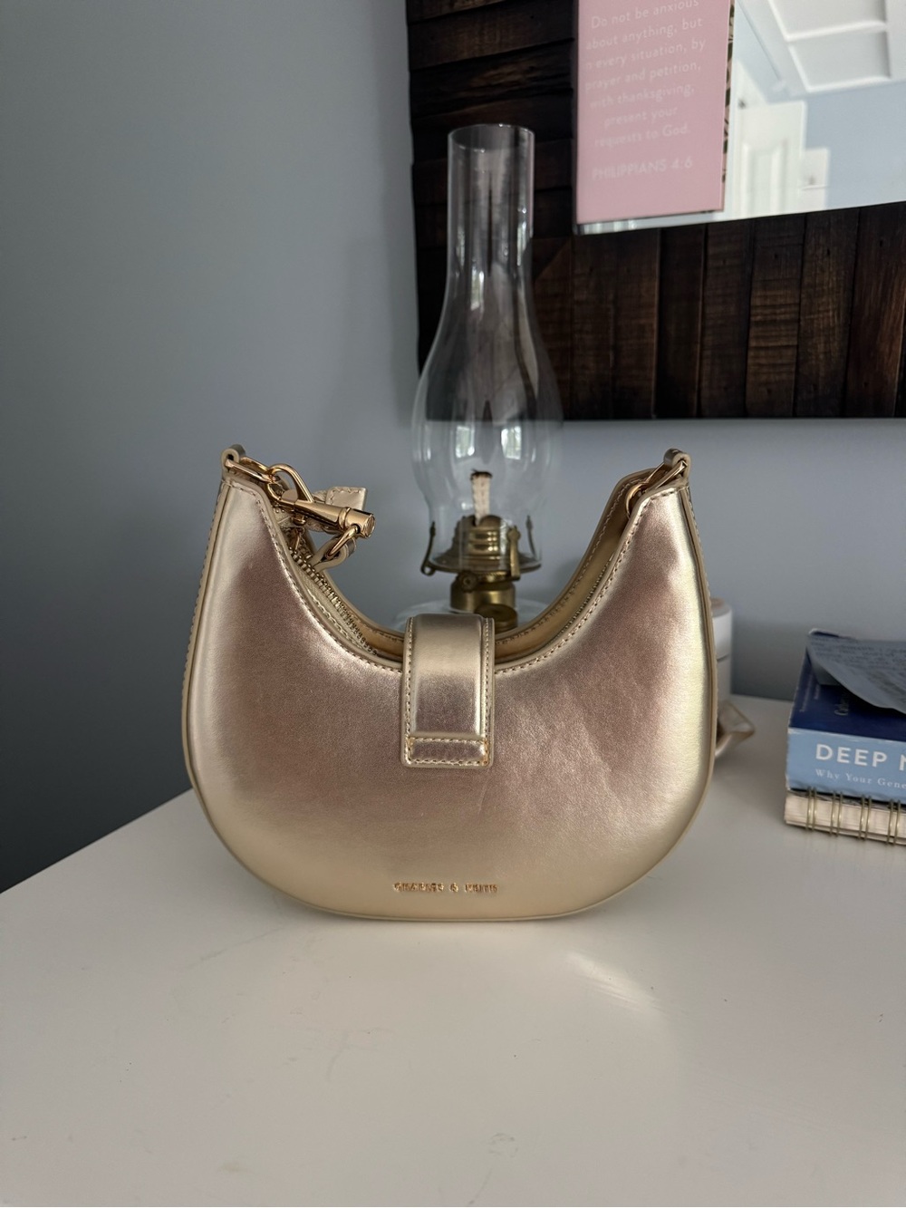 Charles & Keith Metallic Gold Crescent Crossbody with Chain Accent - Picture 3 of 3